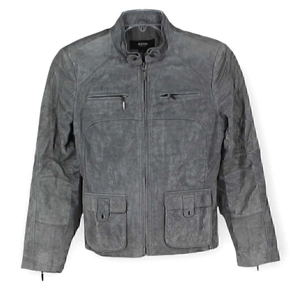 Alfani Petite Women's Gray Silver Zip Up Leather Coat Jacket Petite Small